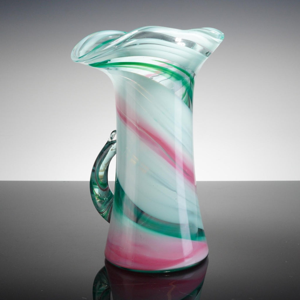Art Glass Swirl Pitcher 11" Aqua Pink Teal Opalescent Hand Blown Ruffled Rim