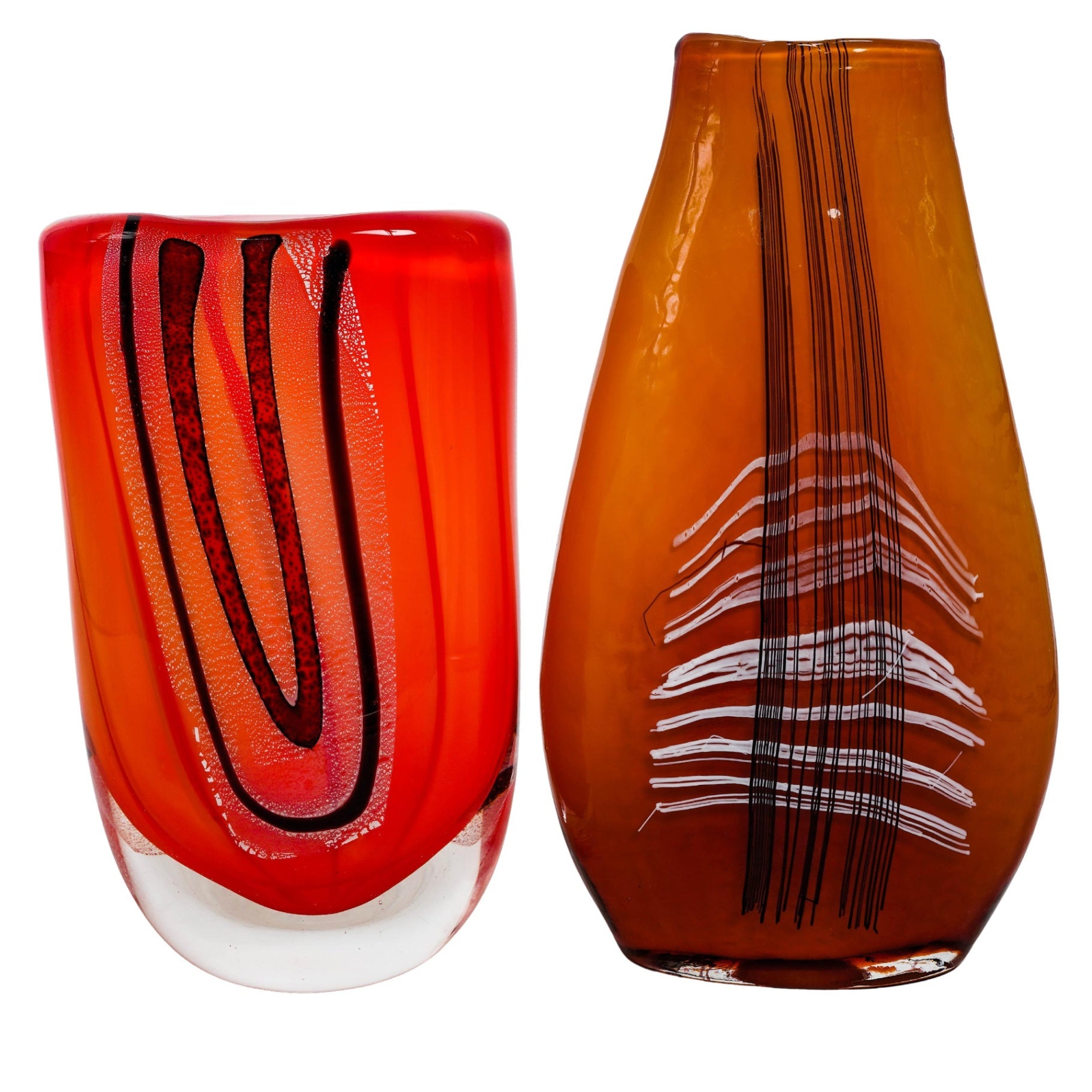 Set of 2 Studio Art Glass Vases Abstract Orange Burgundy Amber 10.5" 12.5"