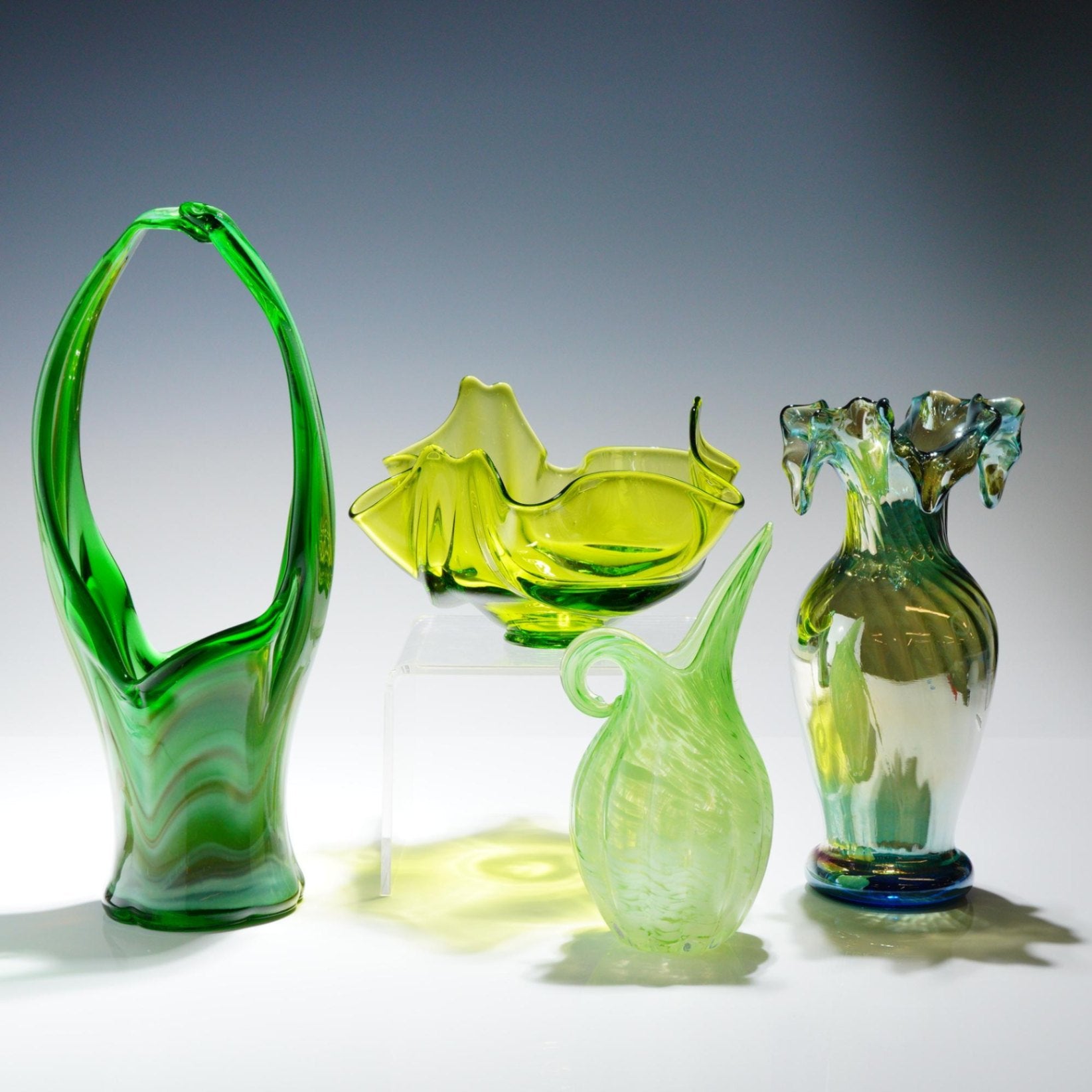 4pc Green Art Glass Vessel Set Mid-Century Style Sommerso Ewer Bowl Vase MCM