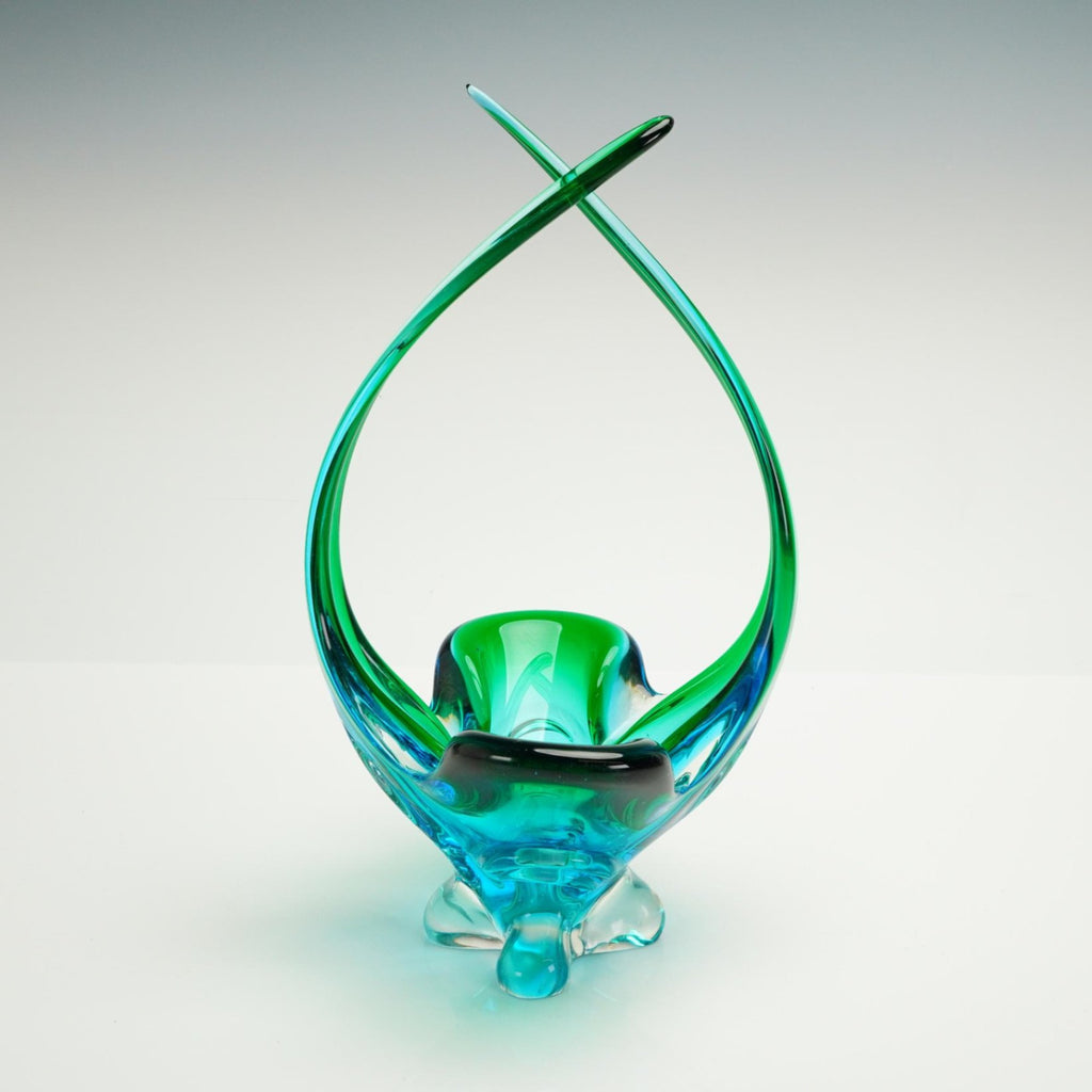 MCM Art Glass Centerpiece Antler Heart Loop Vase Turquoise Emerald Green 14"
