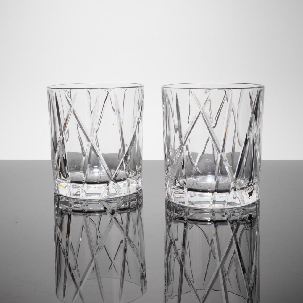 Pair Orrefors City Crystal Double Old Fashioned Glasses Tumblers Signed Sweden