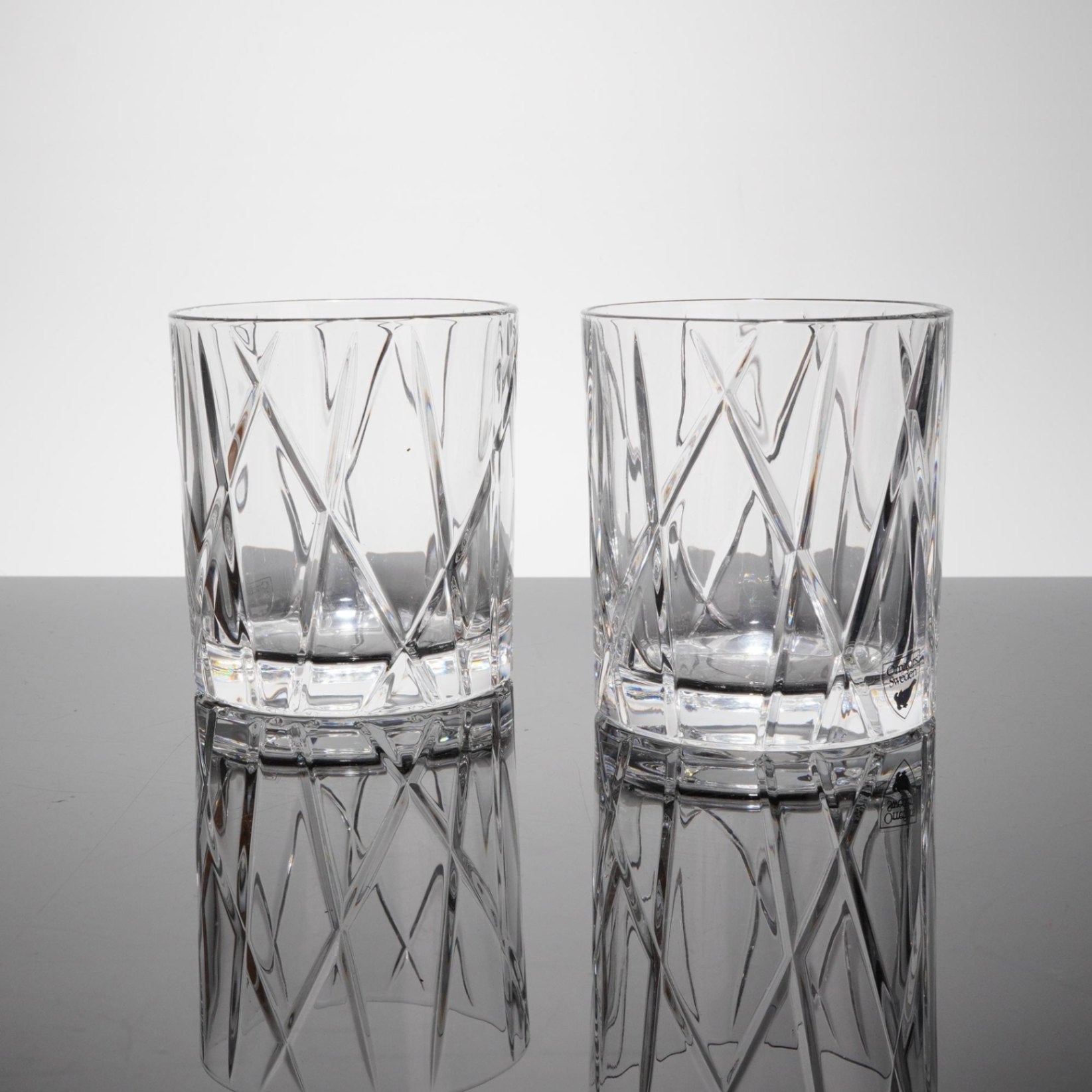 Pair Orrefors City Crystal Double Old Fashioned Glasses Tumblers Signed Sweden