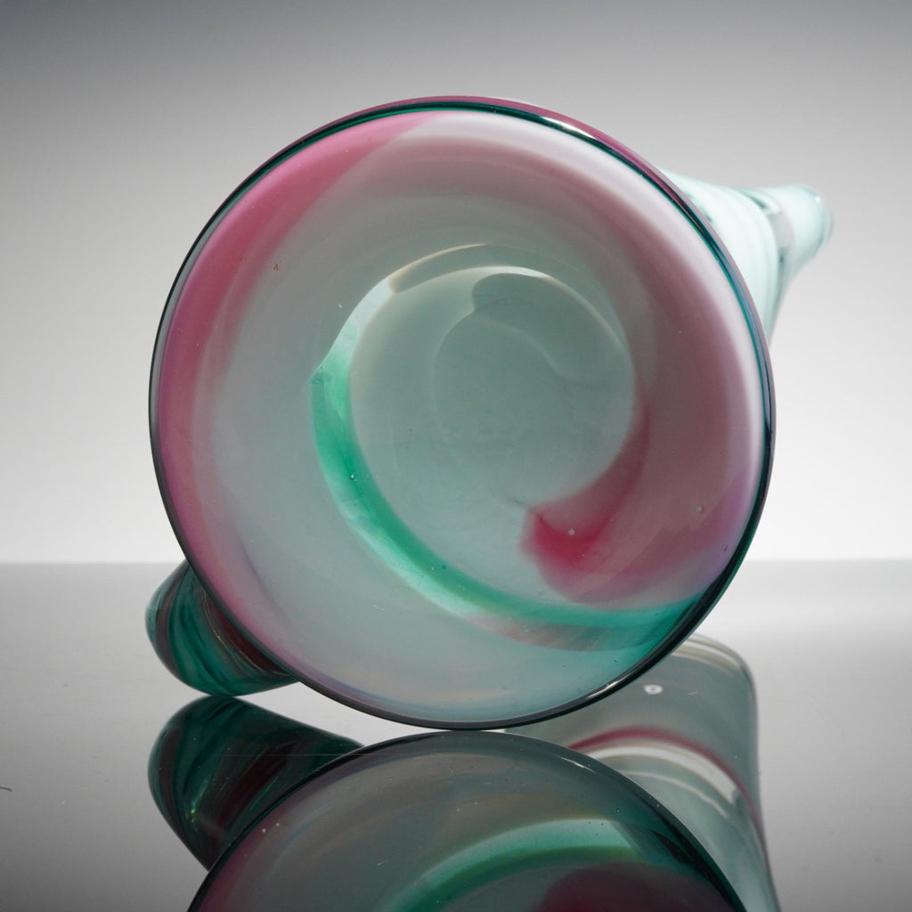 Art Glass Swirl Pitcher 11" Aqua Pink Teal Opalescent Hand Blown Ruffled Rim