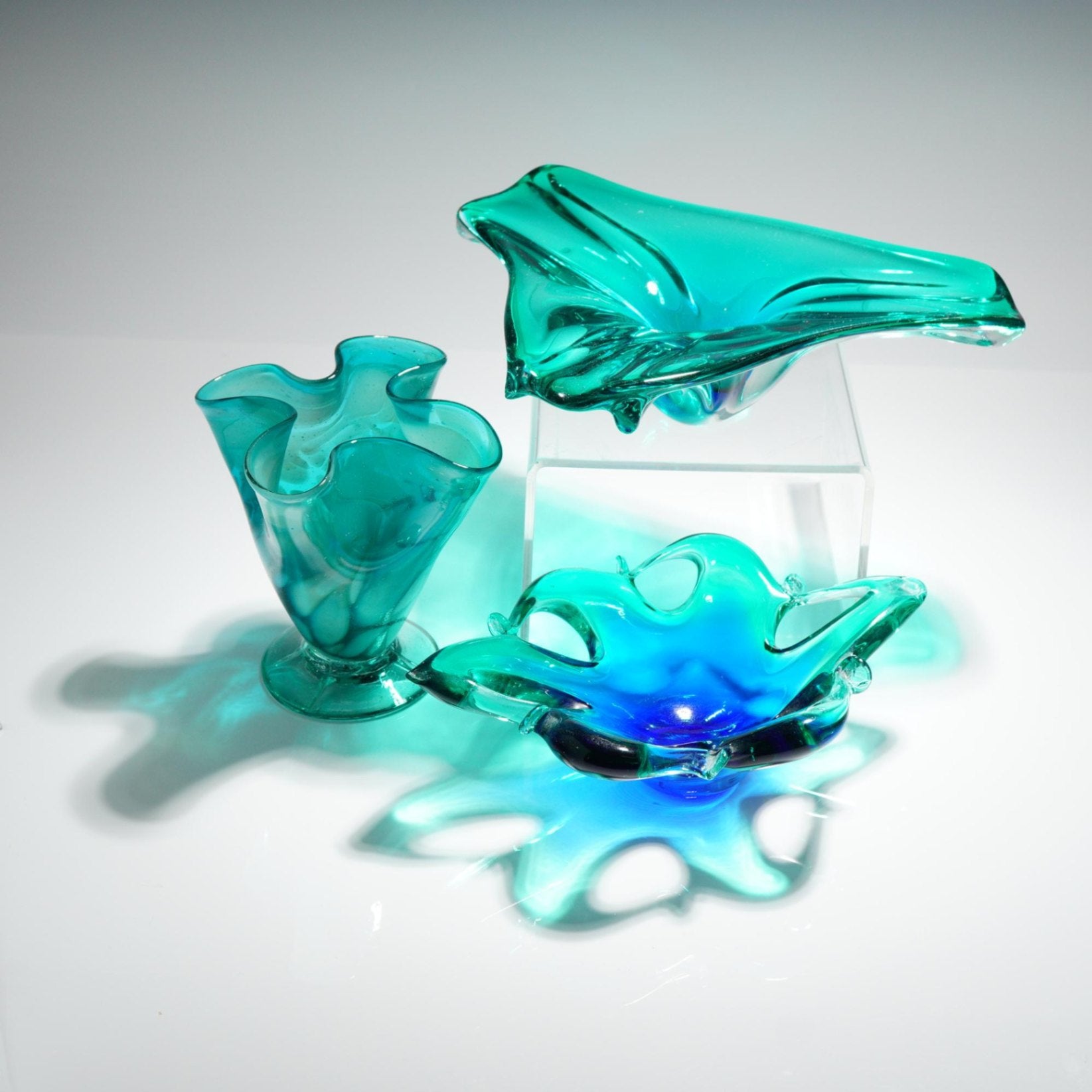 3pc MCM Teal Art Glass Set Freeform Splash Vase Ruffled Bowl & Footed Dish Vtg