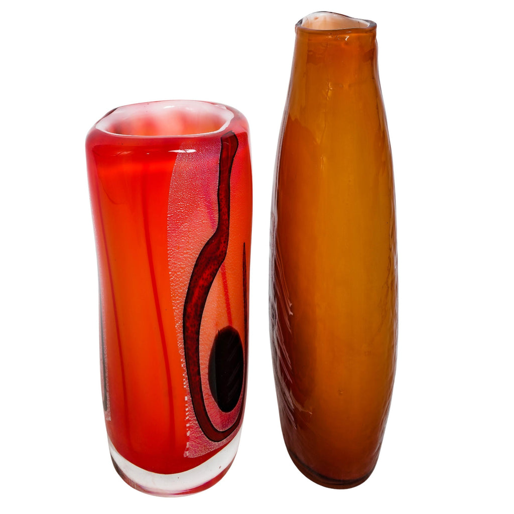 Set of 2 Studio Art Glass Vases Abstract Orange Burgundy Amber 10.5" 12.5"