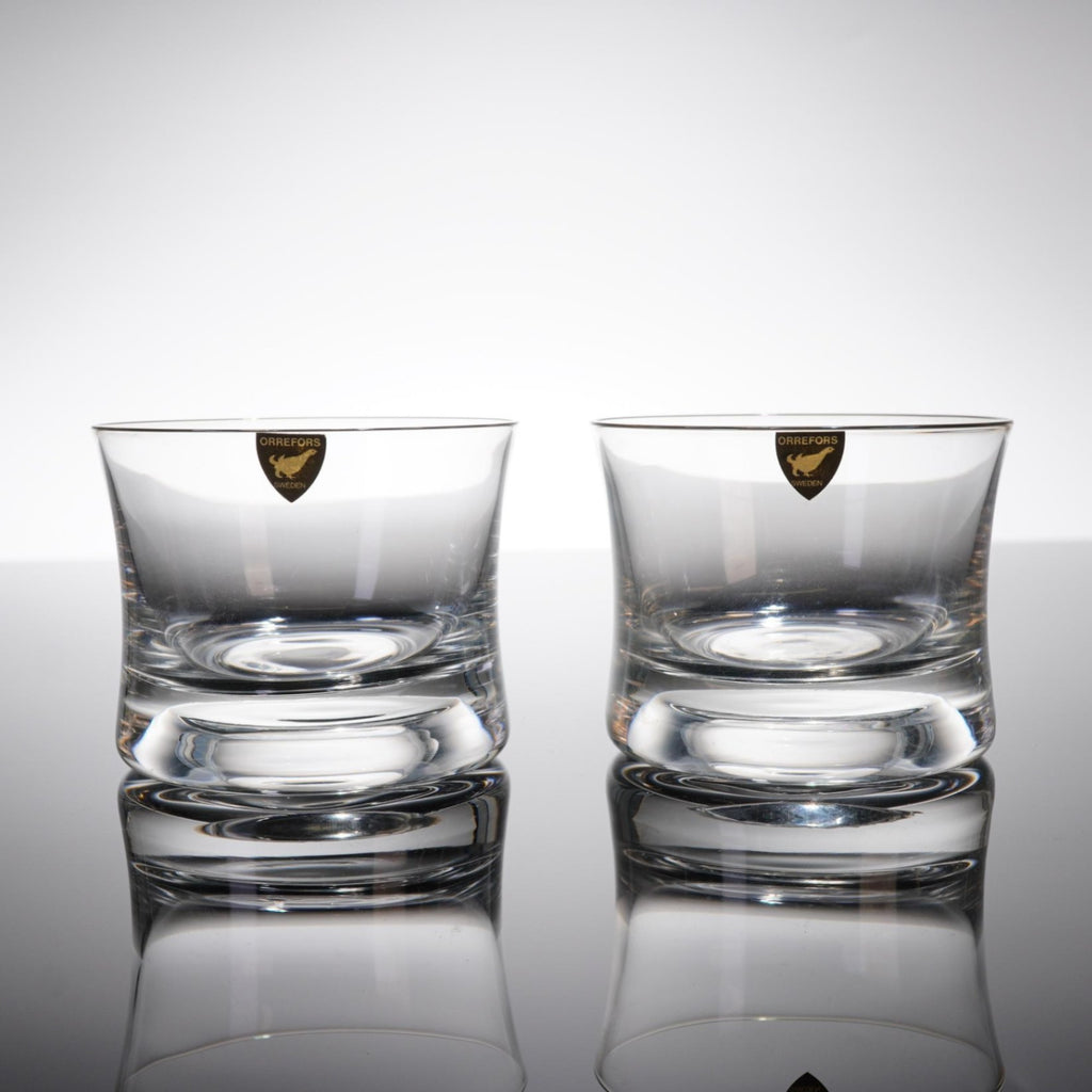 Pair Orrefors Sweden Crystal Double Old Fashioned Glasses Whiskey Tumblers Label