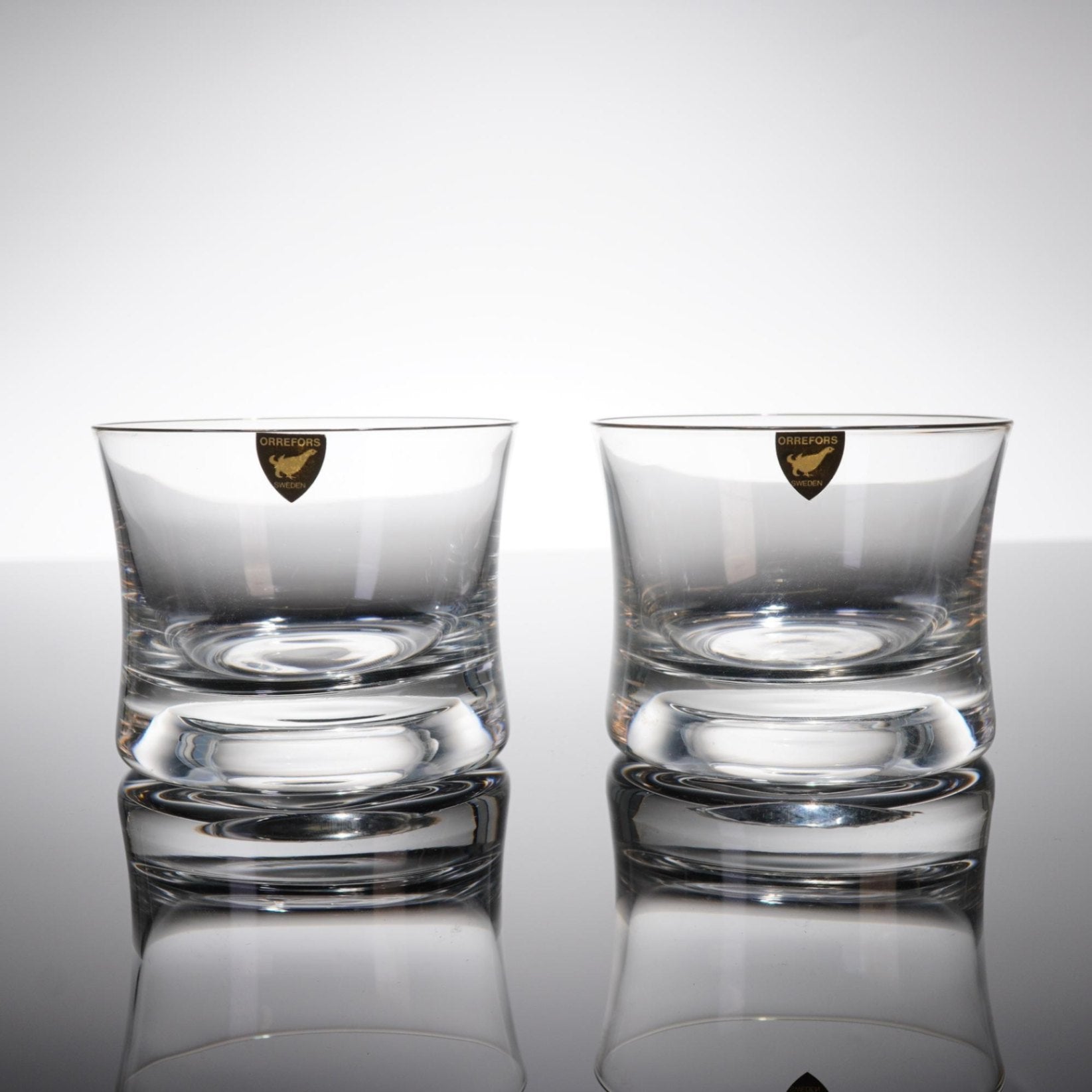 Pair Orrefors Sweden Crystal Double Old Fashioned Glasses Whiskey Tumblers Label