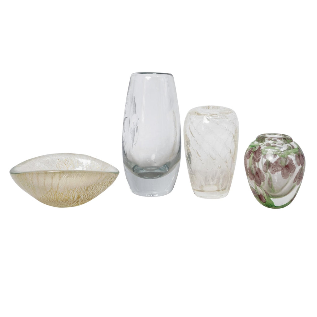 4pc Vintage Art Glass Set Italian Style Vases & Bowl Gold Fleck Floral Bubble
