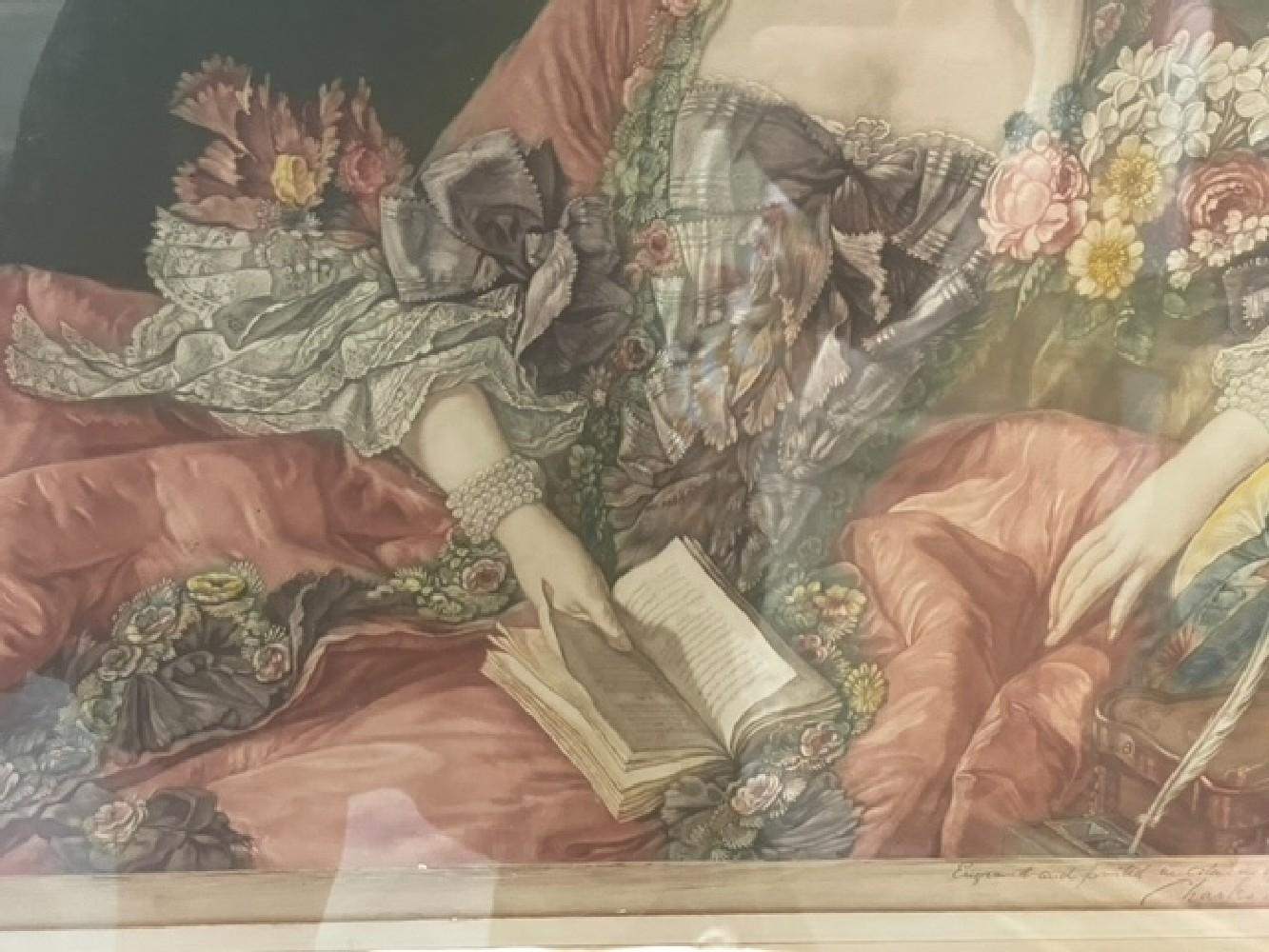 Charles Bird Signed Color Etching Madame de Pompadour after Boucher Early 1900s
