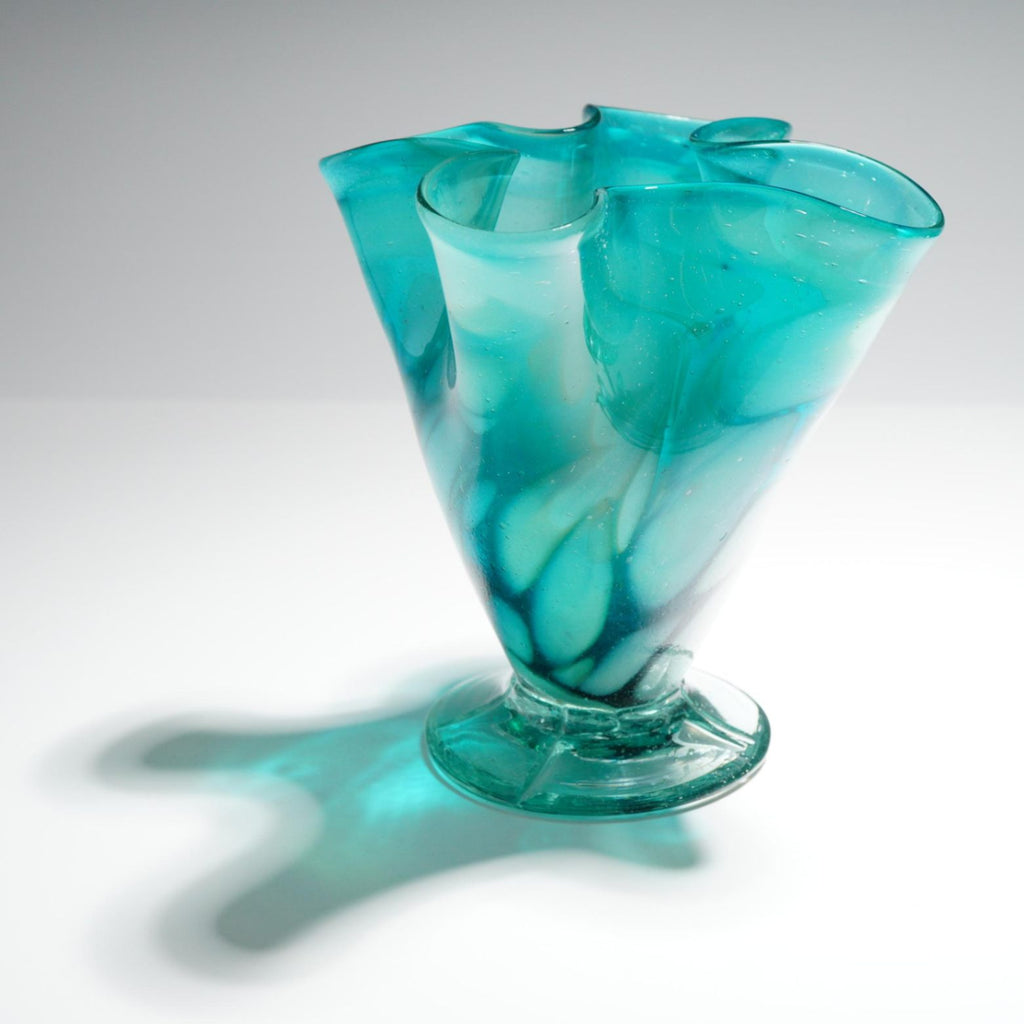 3pc MCM Teal Art Glass Set Freeform Splash Vase Ruffled Bowl & Footed Dish Vtg