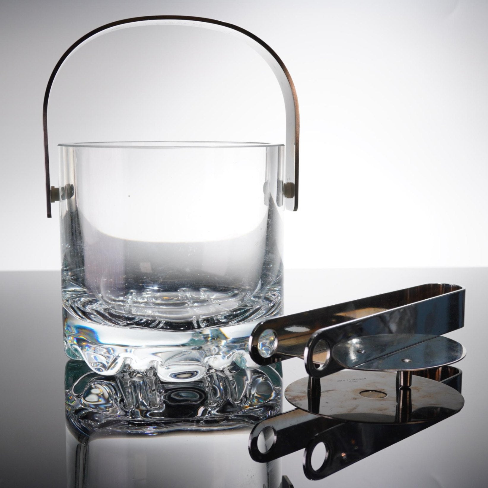 Orrefors Erik Crystal Ice Bucket Set Tongs & Drainer Olle Alberius Sweden Signed