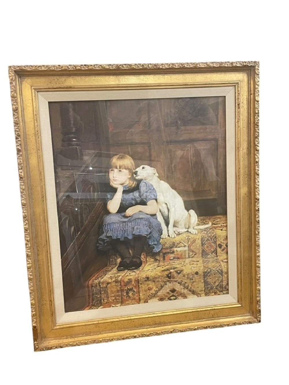 Briton Riviere Sympathy Framed Print Girl & Dog Victorian Gold Gilt Frame 26x31