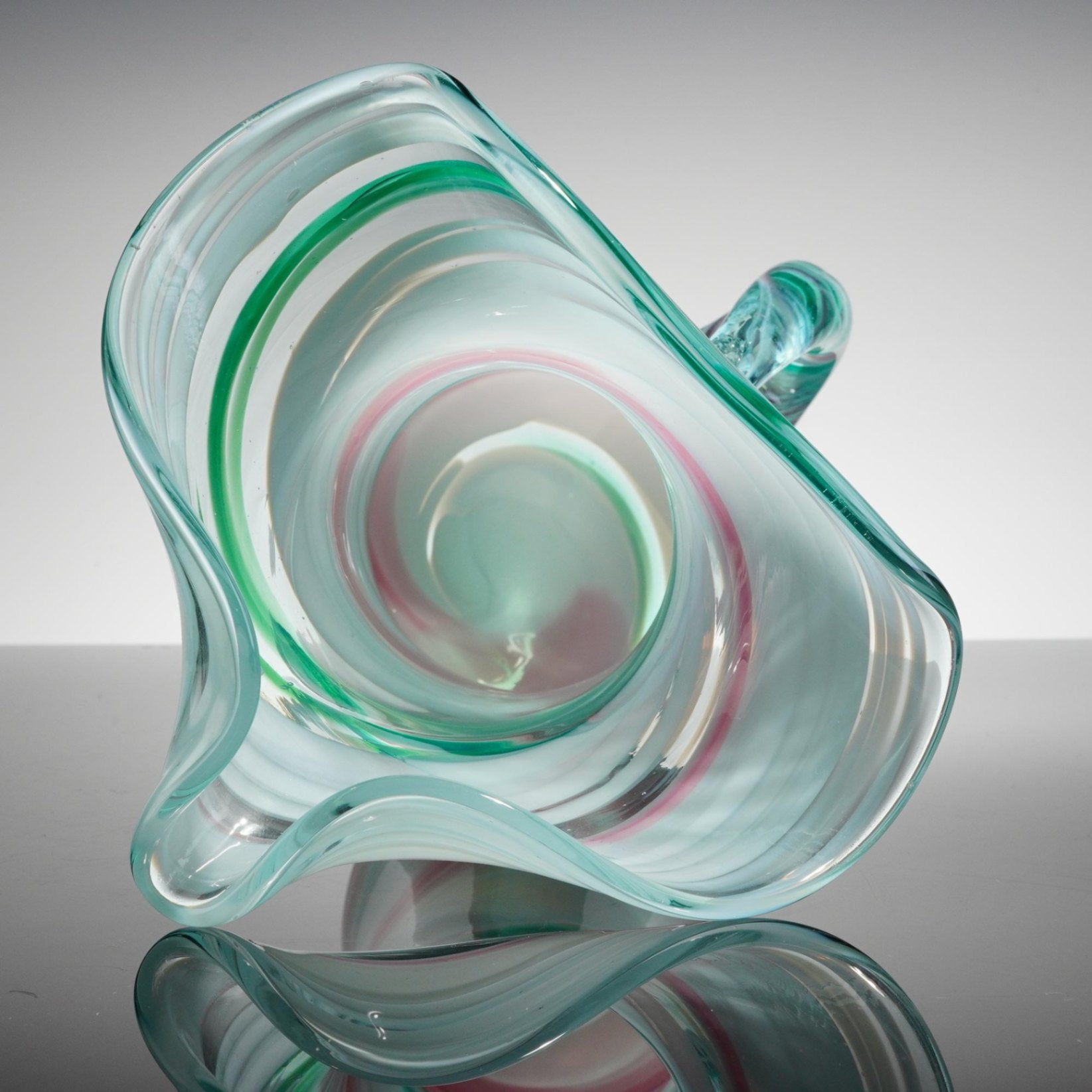 Art Glass Swirl Pitcher 11" Aqua Pink Teal Opalescent Hand Blown Ruffled Rim