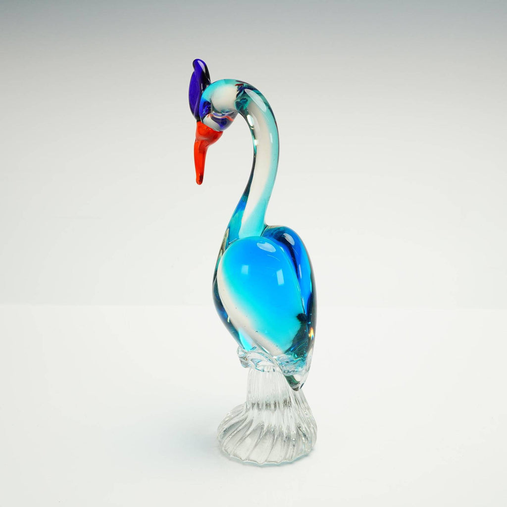 MCM Art Glass Crane Figurine Bird 9.75" Blue Internal Swirls Murano Style 1960s