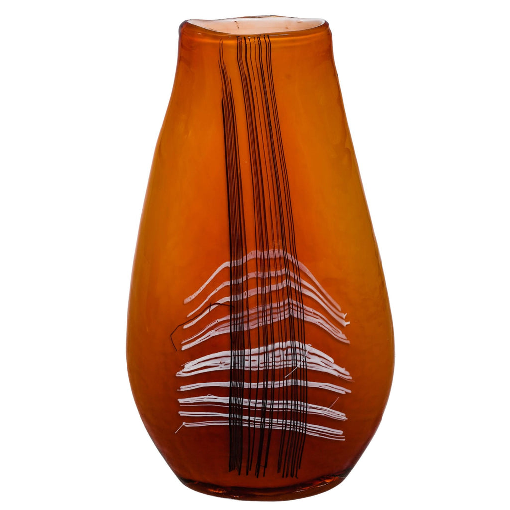 Set of 2 Studio Art Glass Vases Abstract Orange Burgundy Amber 10.5" 12.5"