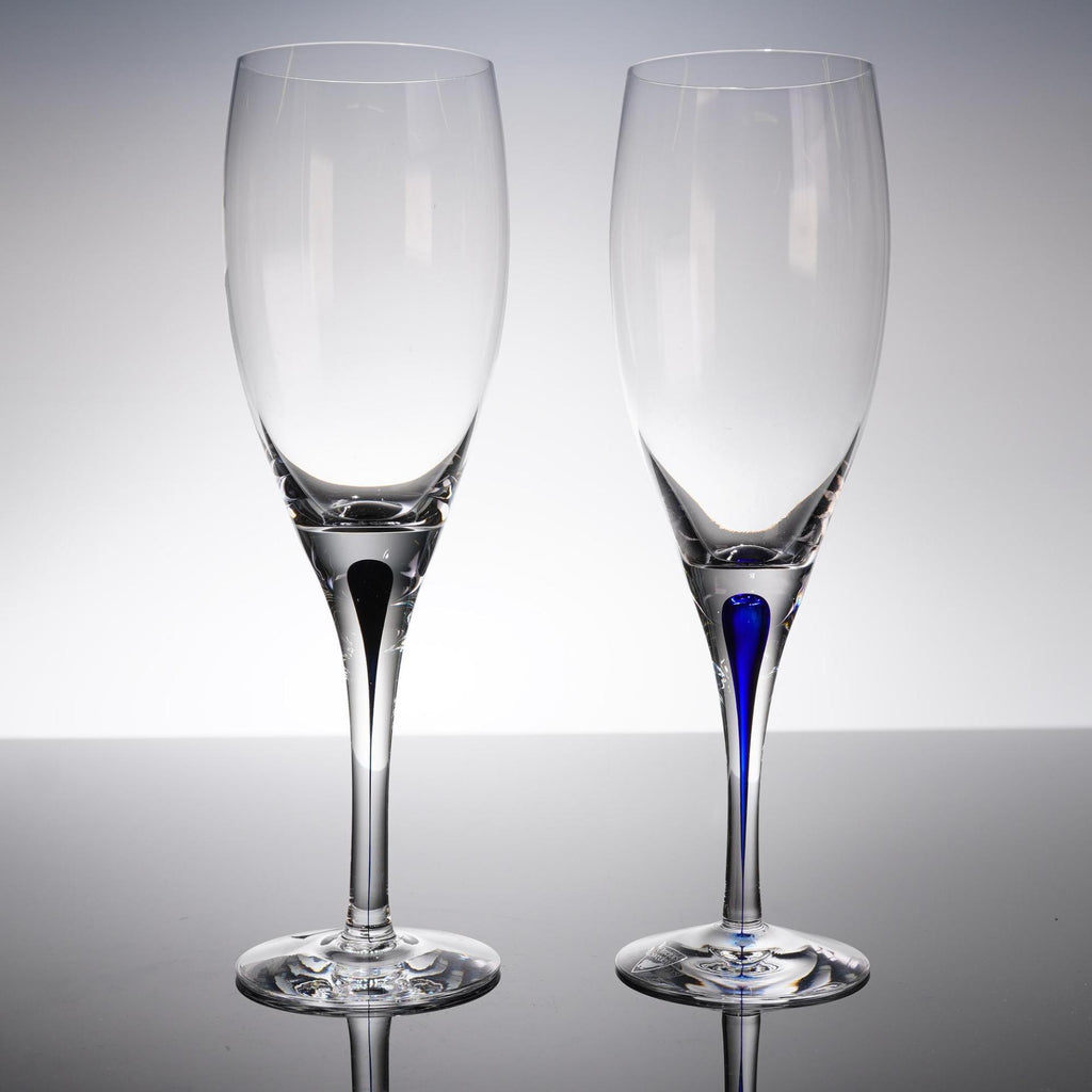 Pair Orrefors Intermezzo Champagne Flutes 2 Black Teardrop Signed 9"