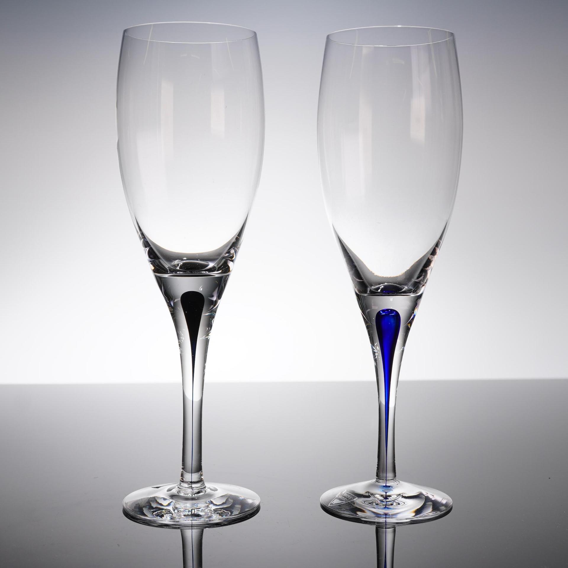 Pair Orrefors Intermezzo Champagne Flutes 2 Black Teardrop Signed 9"