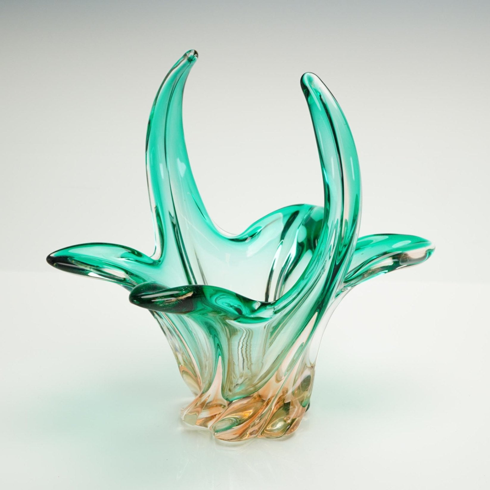 Murano Style Sommerso Art Glass Centerpiece Bowl Emerald Teal Amber 10.5" Tall