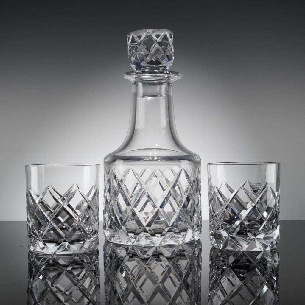 Orrefors Sofiero Crystal Decanter Set - 3pc Gunnar Cyren Diamond Cut Signed