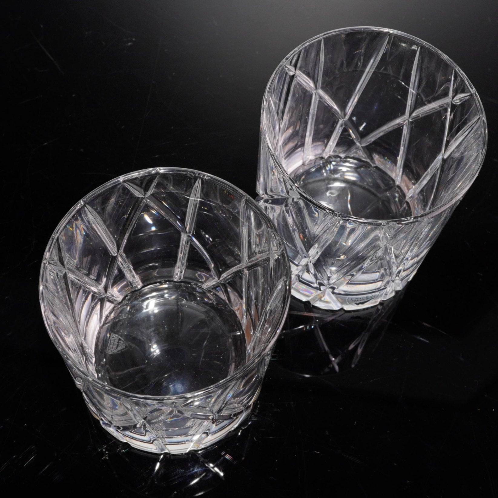 Pair Orrefors City Crystal Double Old Fashioned Glasses Tumblers Signed Sweden
