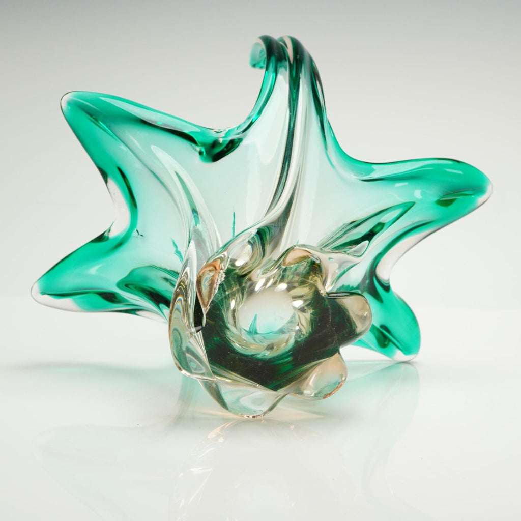 Murano Style Sommerso Art Glass Centerpiece Bowl Emerald Teal Amber 10.5" Tall