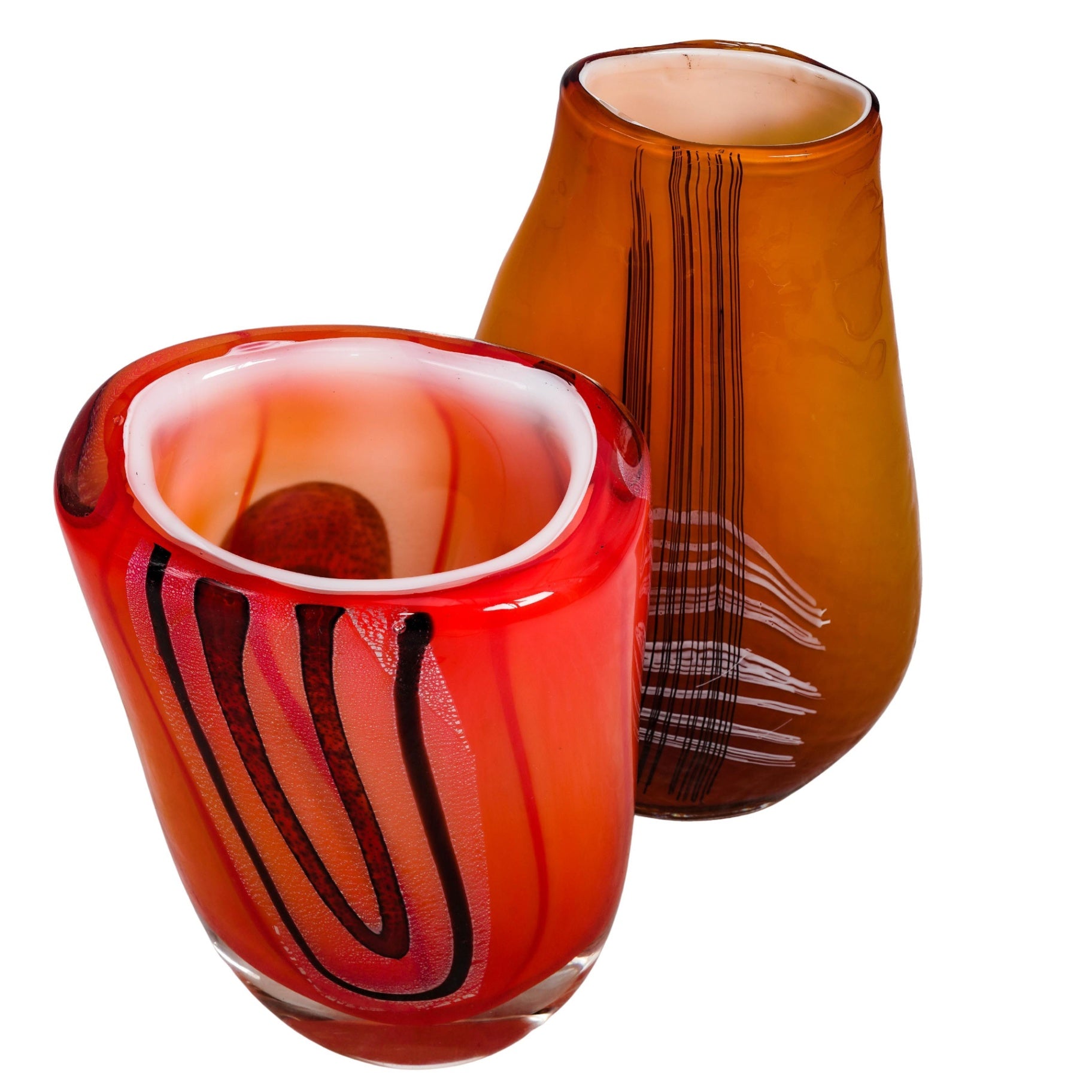 Set of 2 Studio Art Glass Vases Abstract Orange Burgundy Amber 10.5" 12.5"