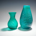 2pc Studio Art Glass Vases Teal Peacock Style Set Hand Blown 10.75" Frosted