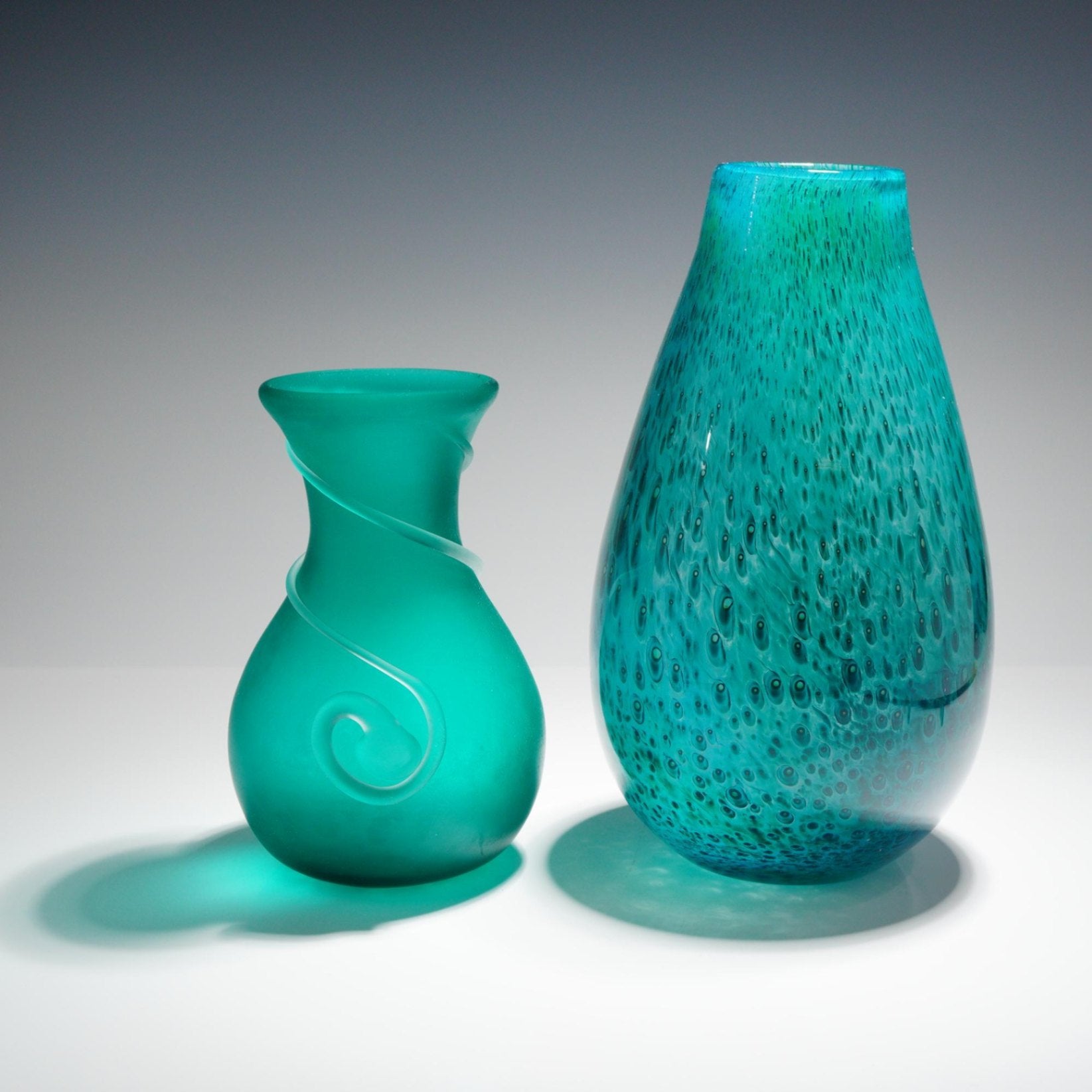 2pc Studio Art Glass Vases Teal Peacock Style Set Hand Blown 10.75" Frosted