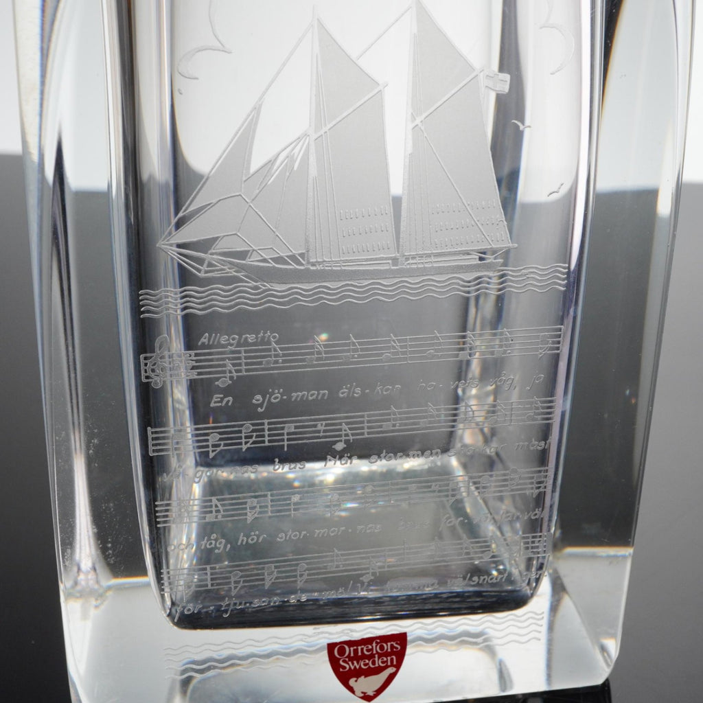 Orrefors Sweden Crystal Decanter Etched Sailing Ship Music Allegretto Signed 8.5"
