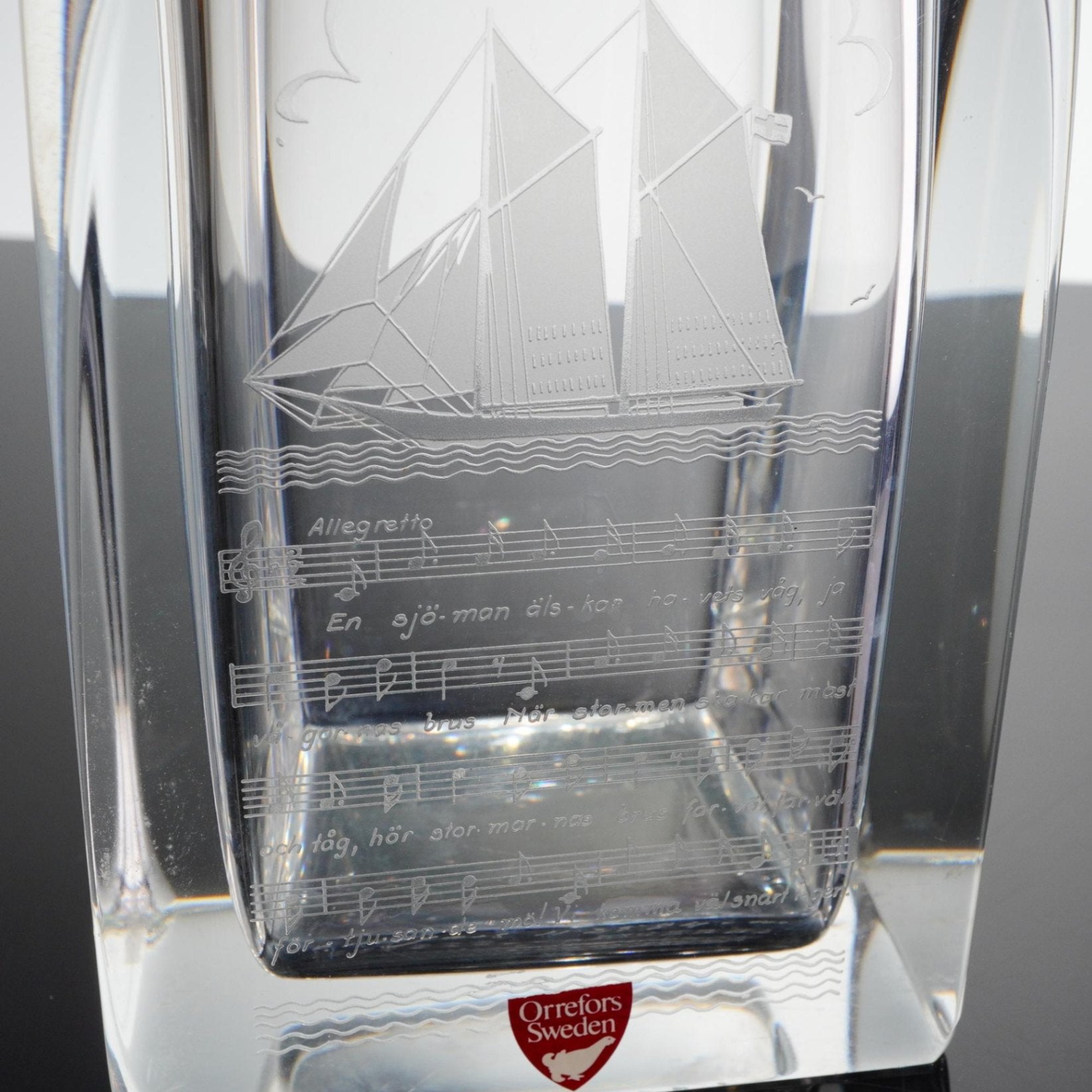 Orrefors Sweden Crystal Decanter Etched Sailing Ship Music Allegretto Signed 8.5"