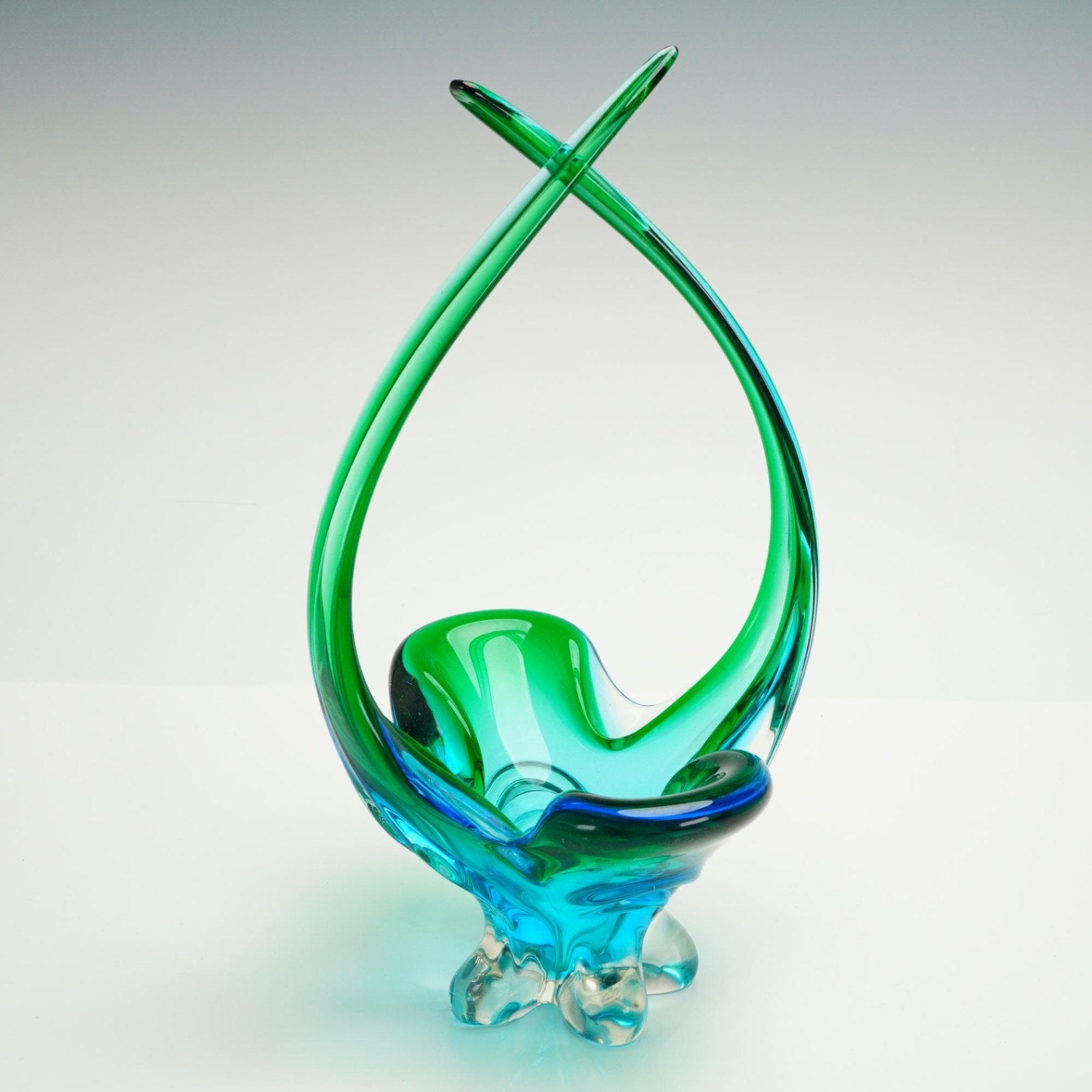 MCM Art Glass Centerpiece Antler Heart Loop Vase Turquoise Emerald Green 14"