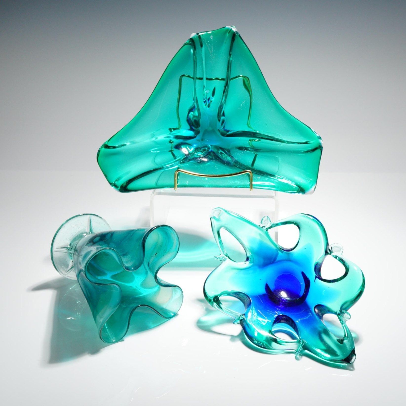 3pc MCM Teal Art Glass Set Freeform Splash Vase Ruffled Bowl & Footed Dish Vtg