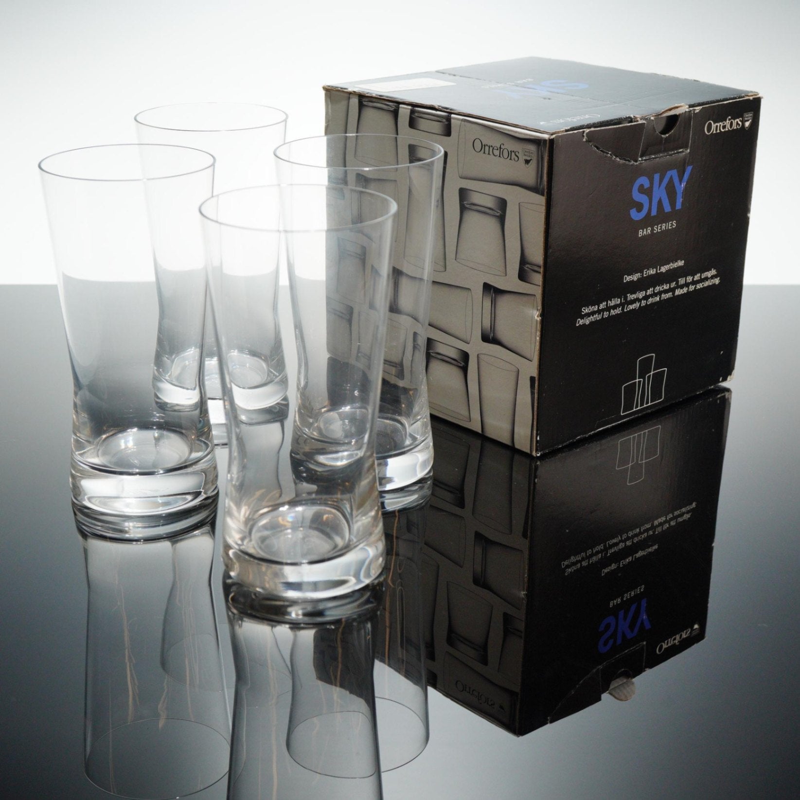 4 Orrefors Sky Bar Highball Glasses Erika Lagerbielke Crystal Set Original Box