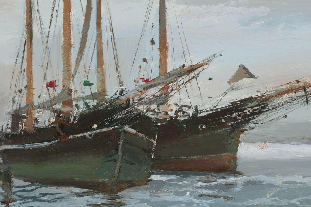 Rene Marie Dujardin Oil Painting Ships Harbor Schooner 17x21 Signed Nautical
