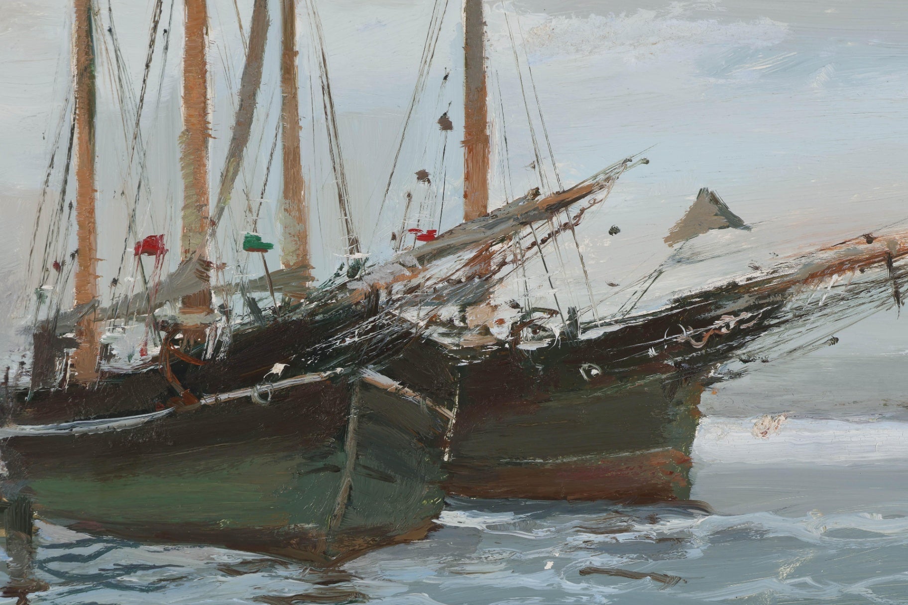 Rene Marie Dujardin Oil Painting Ships Harbor Schooner 17x21 Signed Nautical