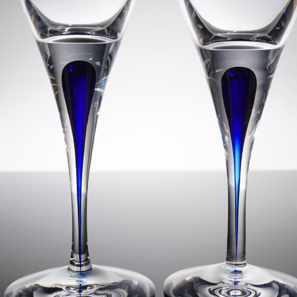 Pair Orrefors Intermezzo Blue Champagne Flutes Crystal Teardrop Signed 8.75"