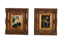 Pair Vintage Figural Oil Paintings Musician & Woman Ornate Giltwood Frames 7x5