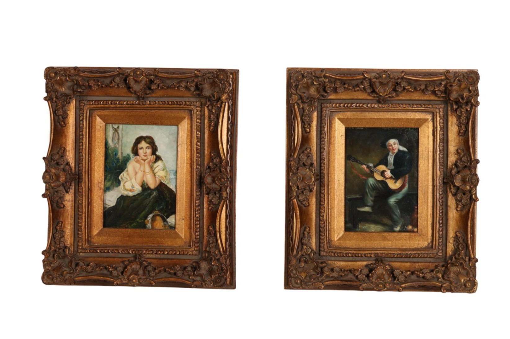 Pair Vintage Figural Oil Paintings Musician & Woman Ornate Giltwood Frames 7x5