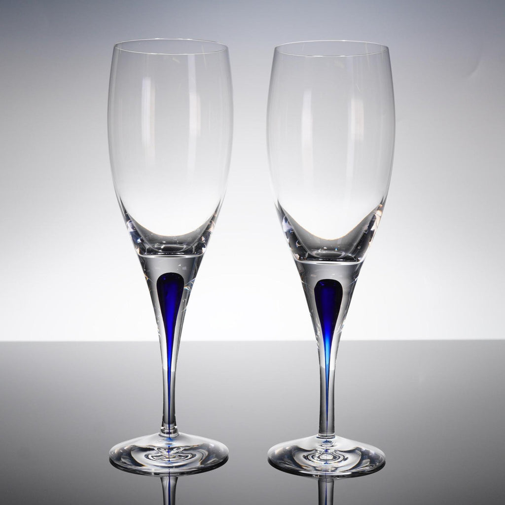 Pair Orrefors Intermezzo Blue Champagne Flutes Crystal Teardrop Signed 8.75"