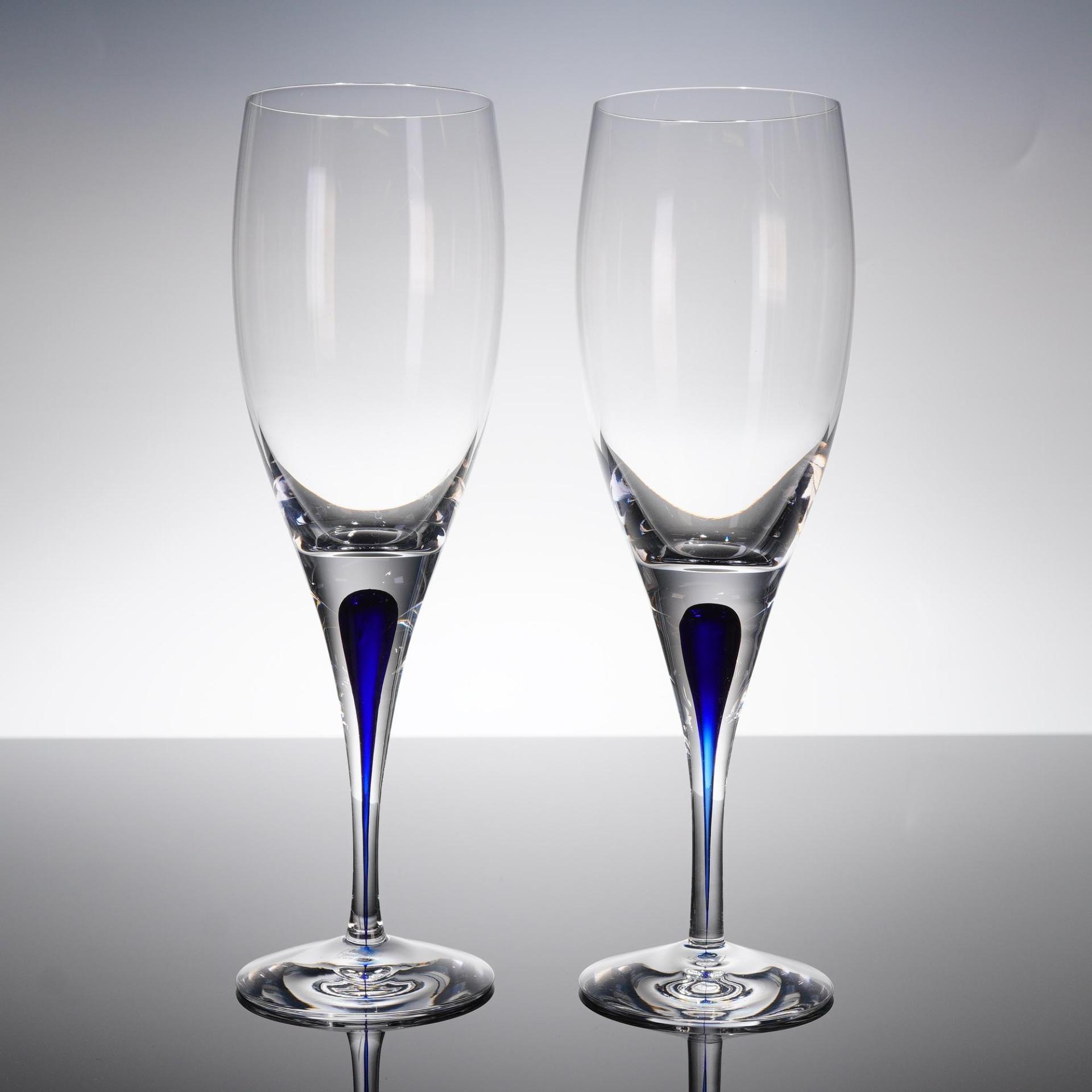 Pair Orrefors Intermezzo Blue Champagne Flutes Crystal Teardrop Signed 8.75"