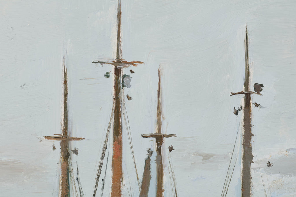 Rene Marie Dujardin Oil Painting Ships Harbor Schooner 17x21 Signed Nautical