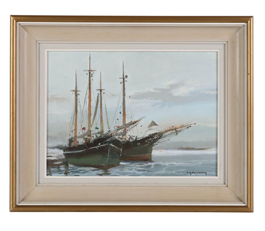 Rene Marie Dujardin Oil Painting Ships Harbor Schooner 17x21 Signed Nautical