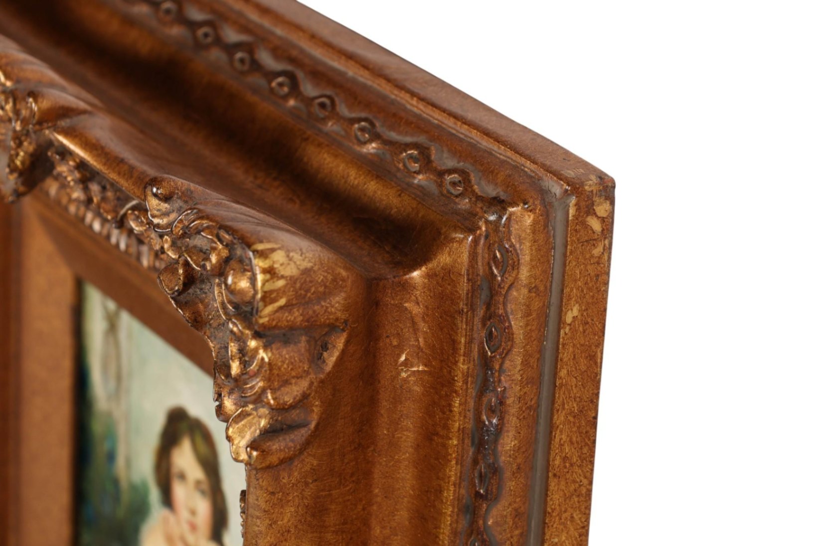 Pair Vintage Figural Oil Paintings Musician & Woman Ornate Giltwood Frames 7x5