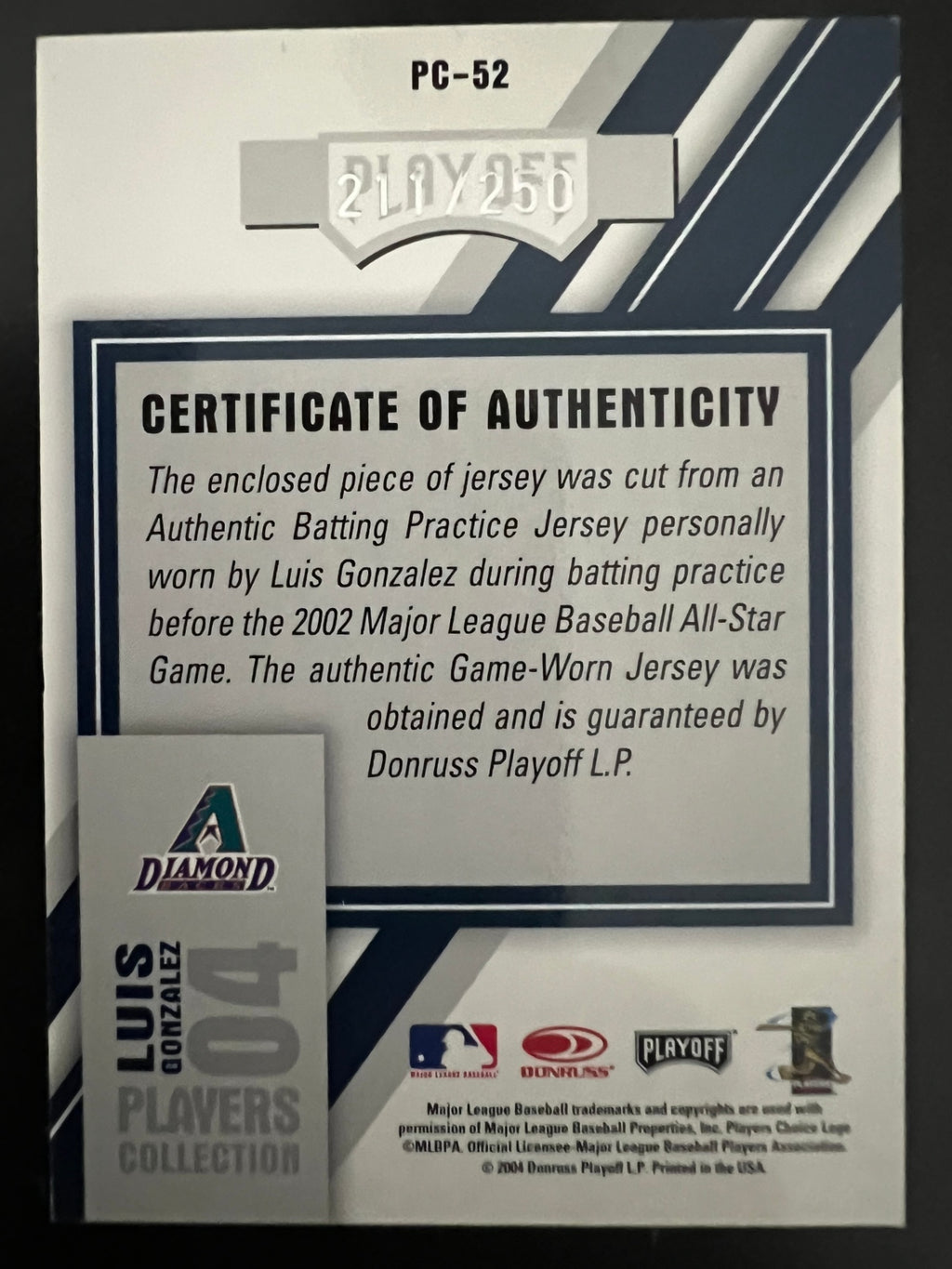 2004 Playoff Prestige Luis Gonzalez Players Collection Jersey Relic #PC-52 Dbacks