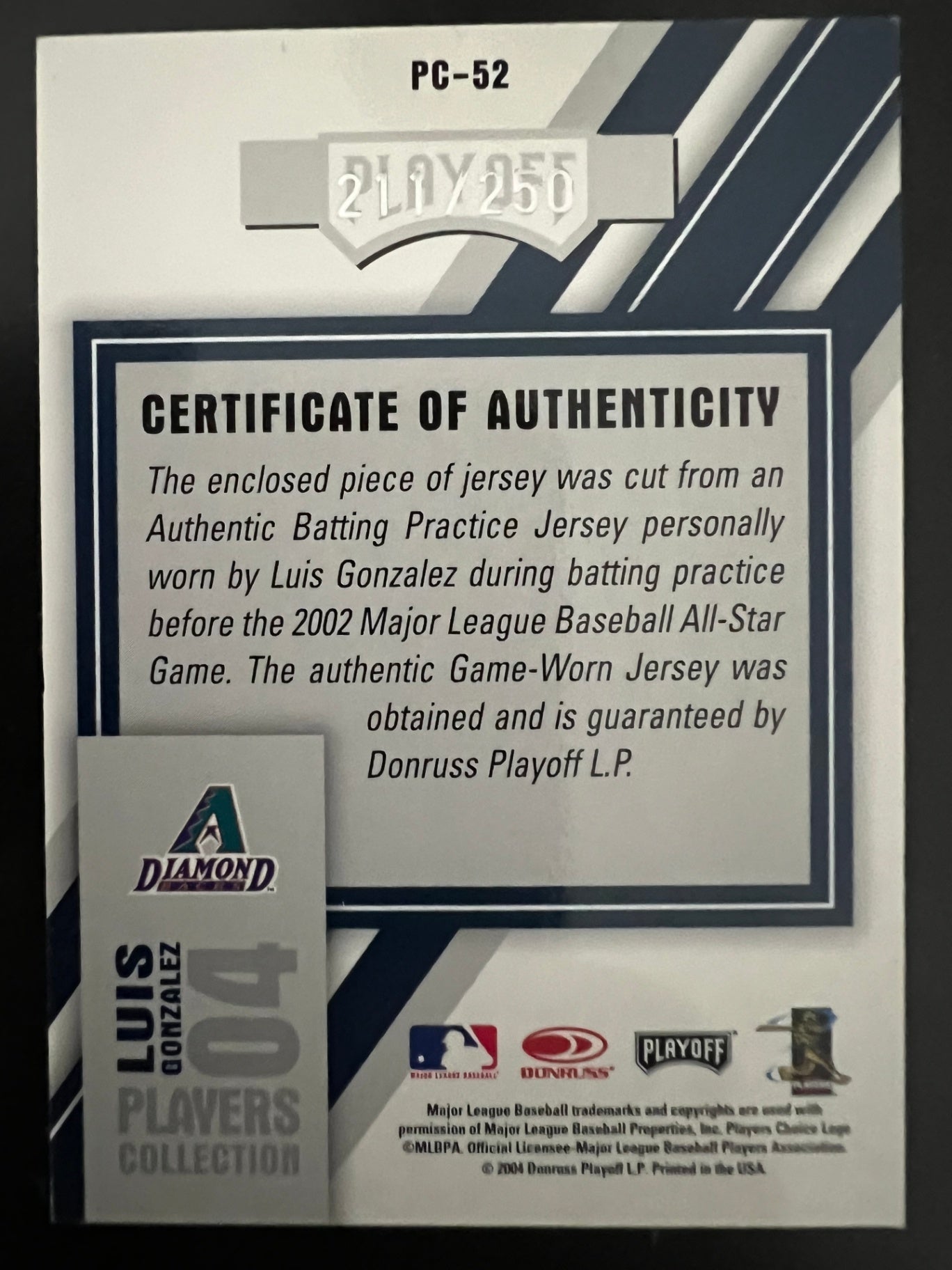 2004 Playoff Prestige Luis Gonzalez Players Collection Jersey Relic #PC-52 Dbacks