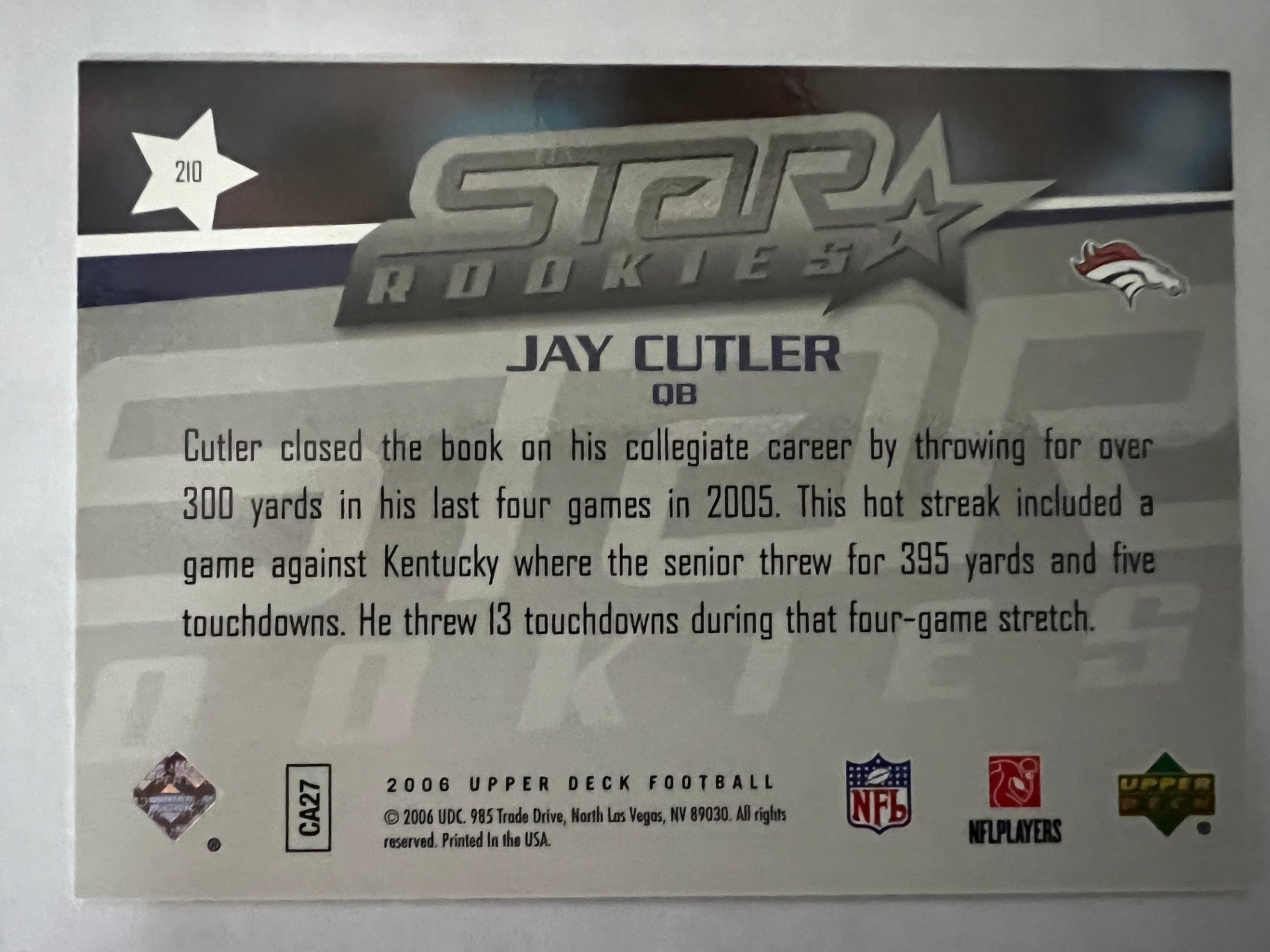 2006 Upper Deck #210 Jay Cutler Denver Broncos RC Rookie Card Star Rookies
