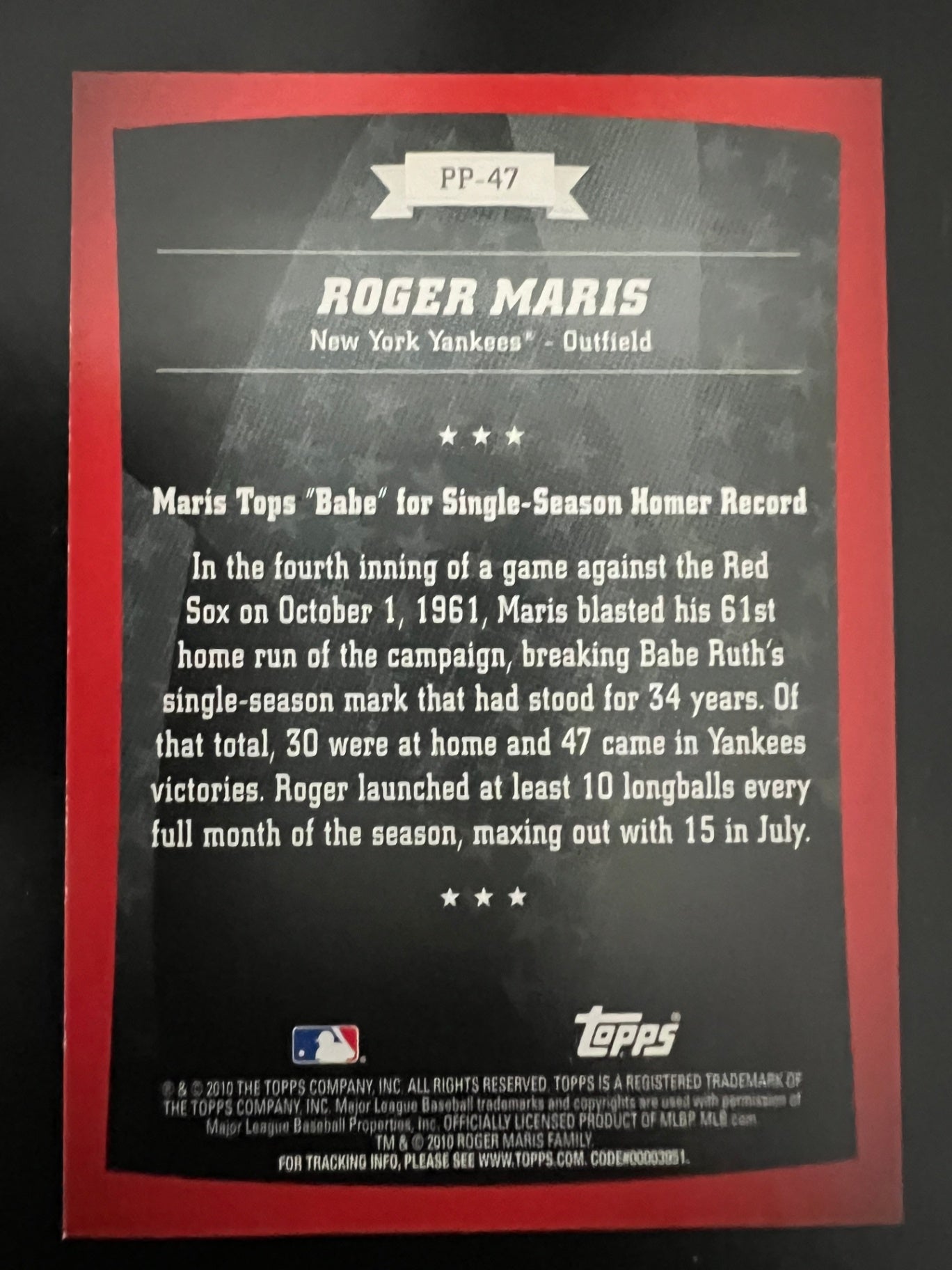 2010 Topps Peak Performance #PP-47 Roger Maris New York Yankees HOF Card
