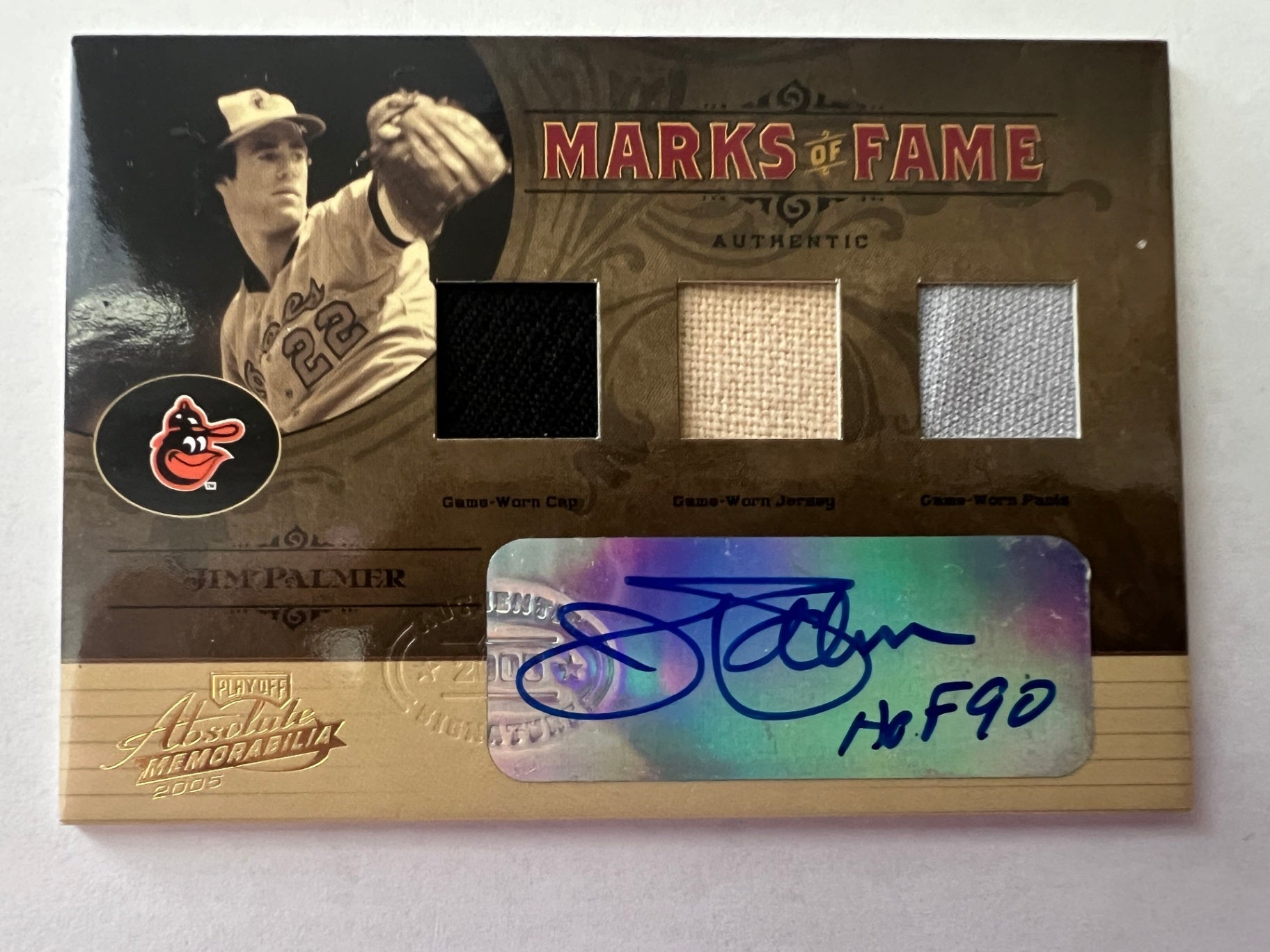 2005 Absolute Marks of Fame Jim Palmer TRIPLE RELIC AUTO /10 HOF 90 Orioles MF-22