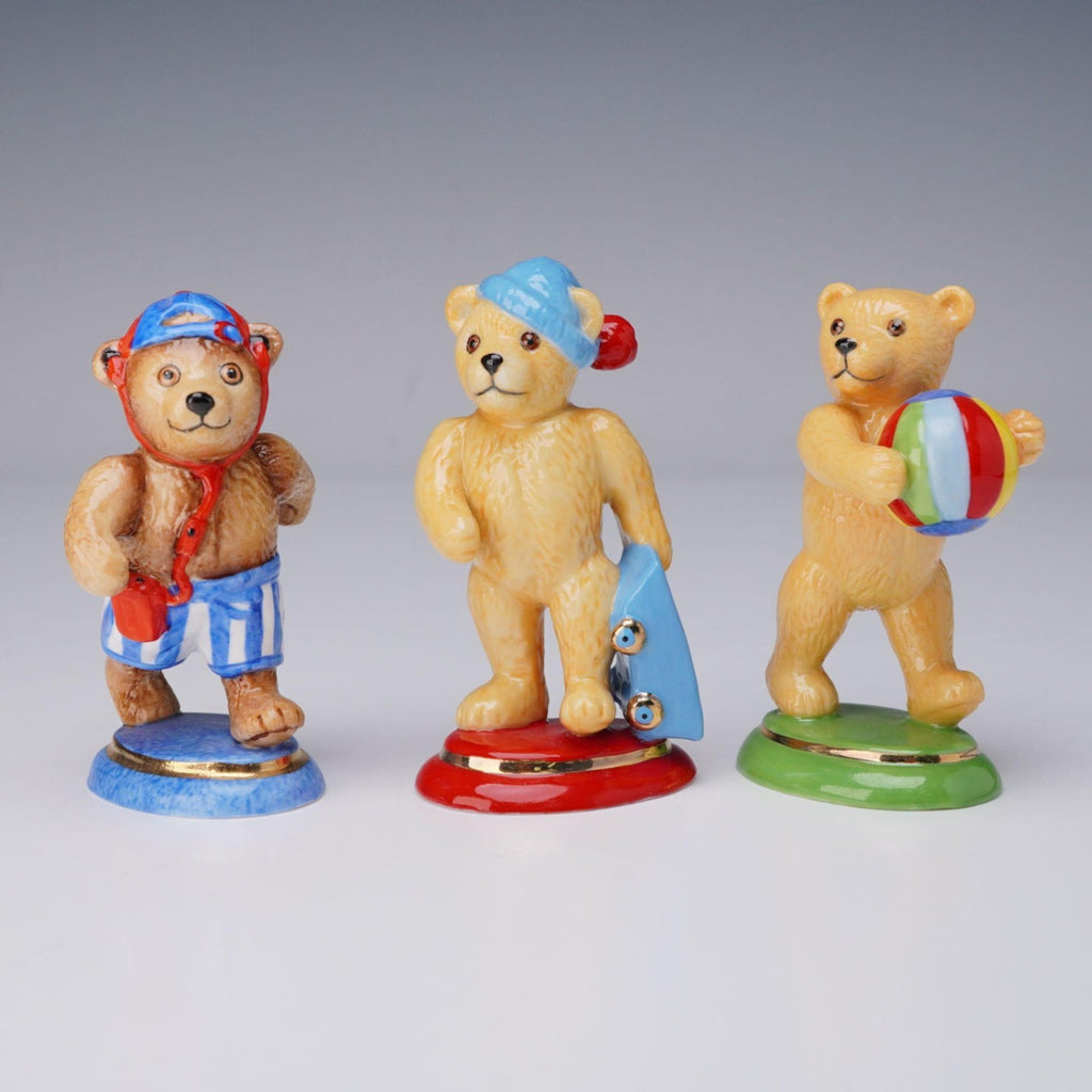 Title: 3pc Halcyon Days Playtime Teddy Bear Figurines - Bucket, Skateboard & Beach Ball