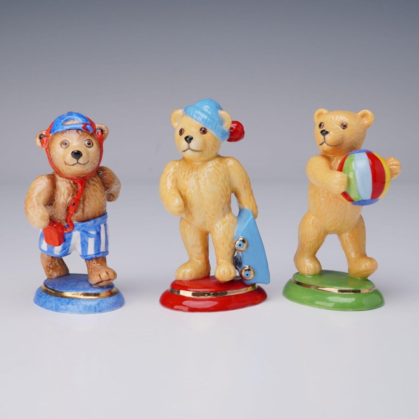 Title: 3pc Halcyon Days Playtime Teddy Bear Figurines - Bucket, Skateboard & Beach Ball